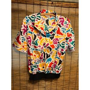 Lauren Lee Vintage 80s Abstract Geometric Multi Color Blouson Blouse Top L